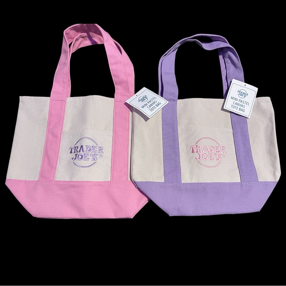 Trader Joe’s Mini Tote Bundle 2 Pastel Canvas Bags Lavender Pink Reusable Gift